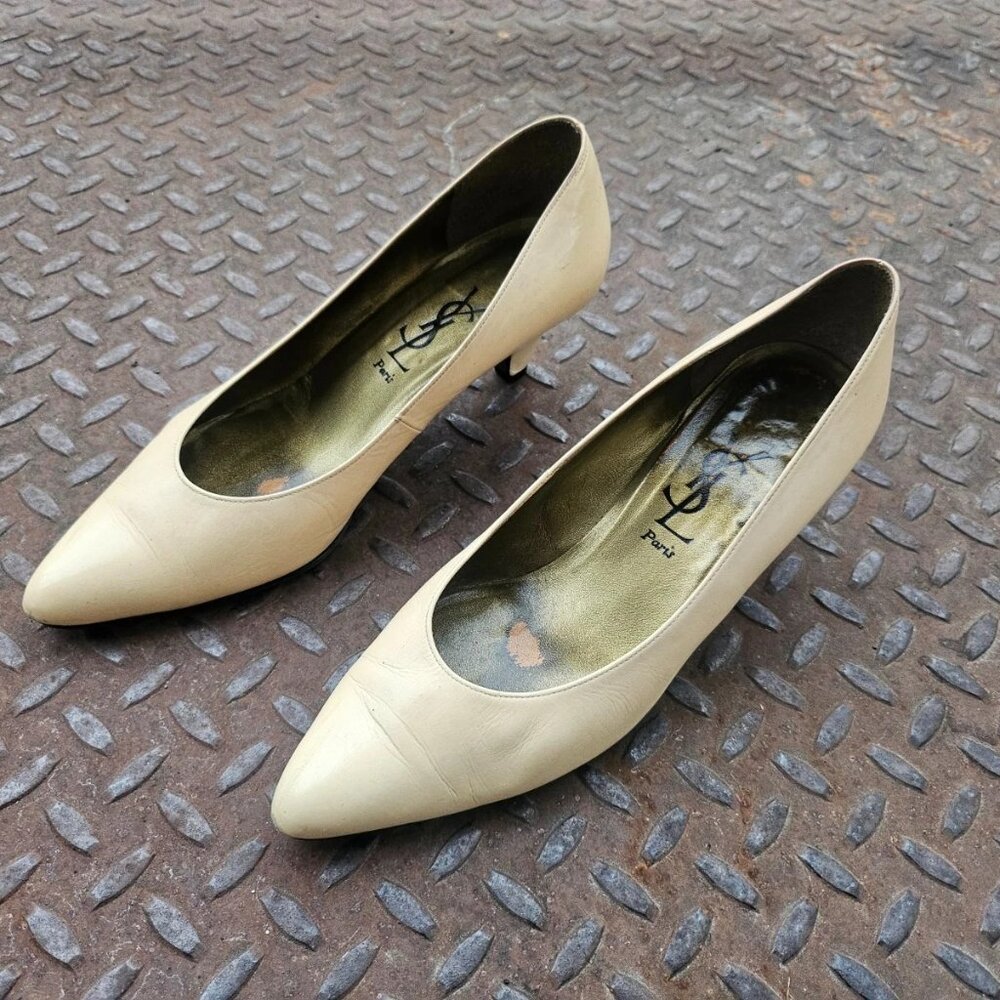 Vintage Yves Saint Laurent Women Heel Sandal Beige Leather Upper Shoes Size 36.5 - Picture 4 of 12
